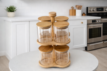 طقم علب بهارات مع ستاند خشب متحرك